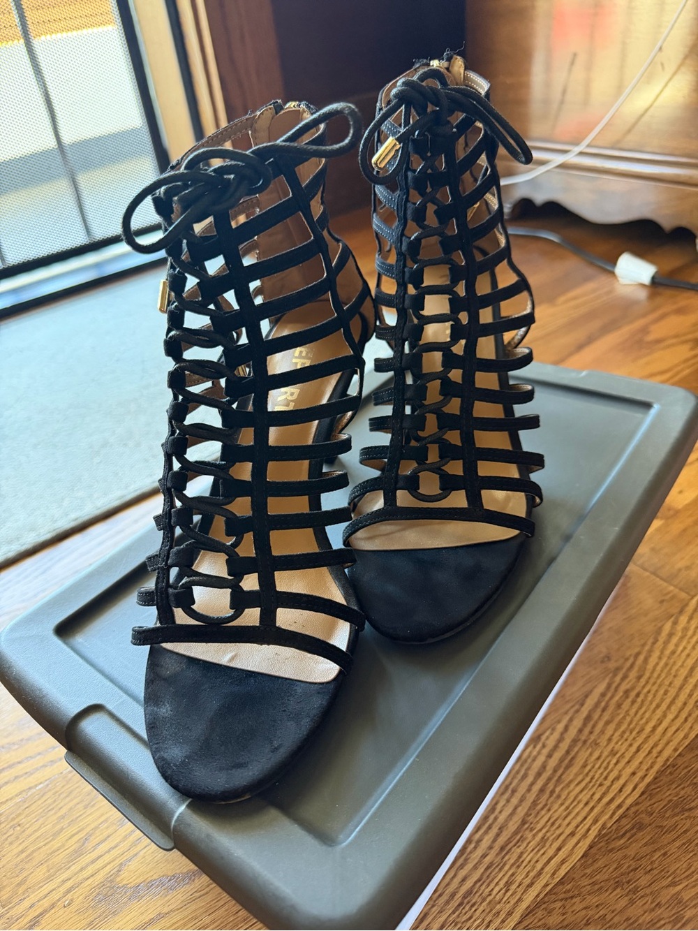 Report Black Strappy Cage Lace-Up Heeled Sandals